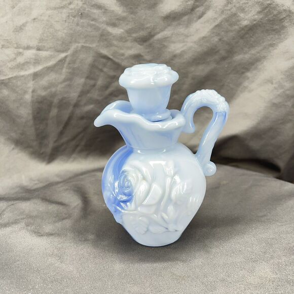 Vintage 1978 Avon Blue Milk Glass Victorian Style Pitcher Perfume Bottle w/Lid - Picture 1 of 8